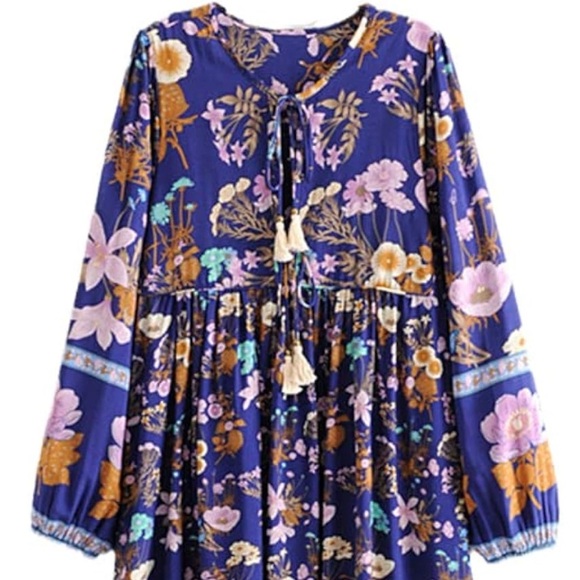 Blue Pink Long Sleeve Sundress with Bishop Sleeves - Picture 3 of 10